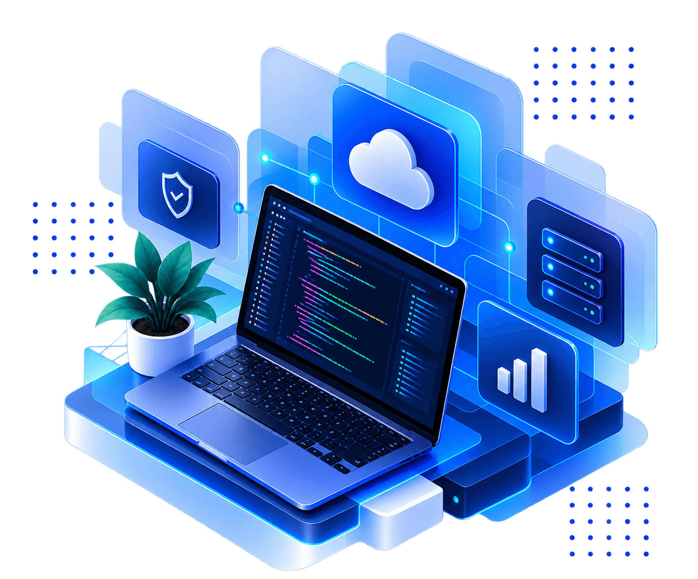 Illustration : ordinateur portable entouré des domaines sécurité, cloud, serveurs et performance